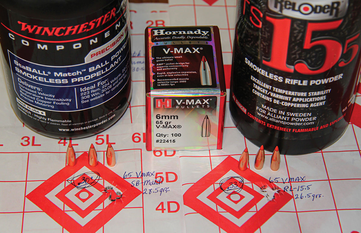 Hornady’s 65-grain V-MAX assembled two excellent groups, including .30 inch at 2,915 fps with 28.5 grains of Winchester StaBALL Match; and .33 inch at 2,647 fps using 26.5 grains of Alliant Reloder TS 15.5.